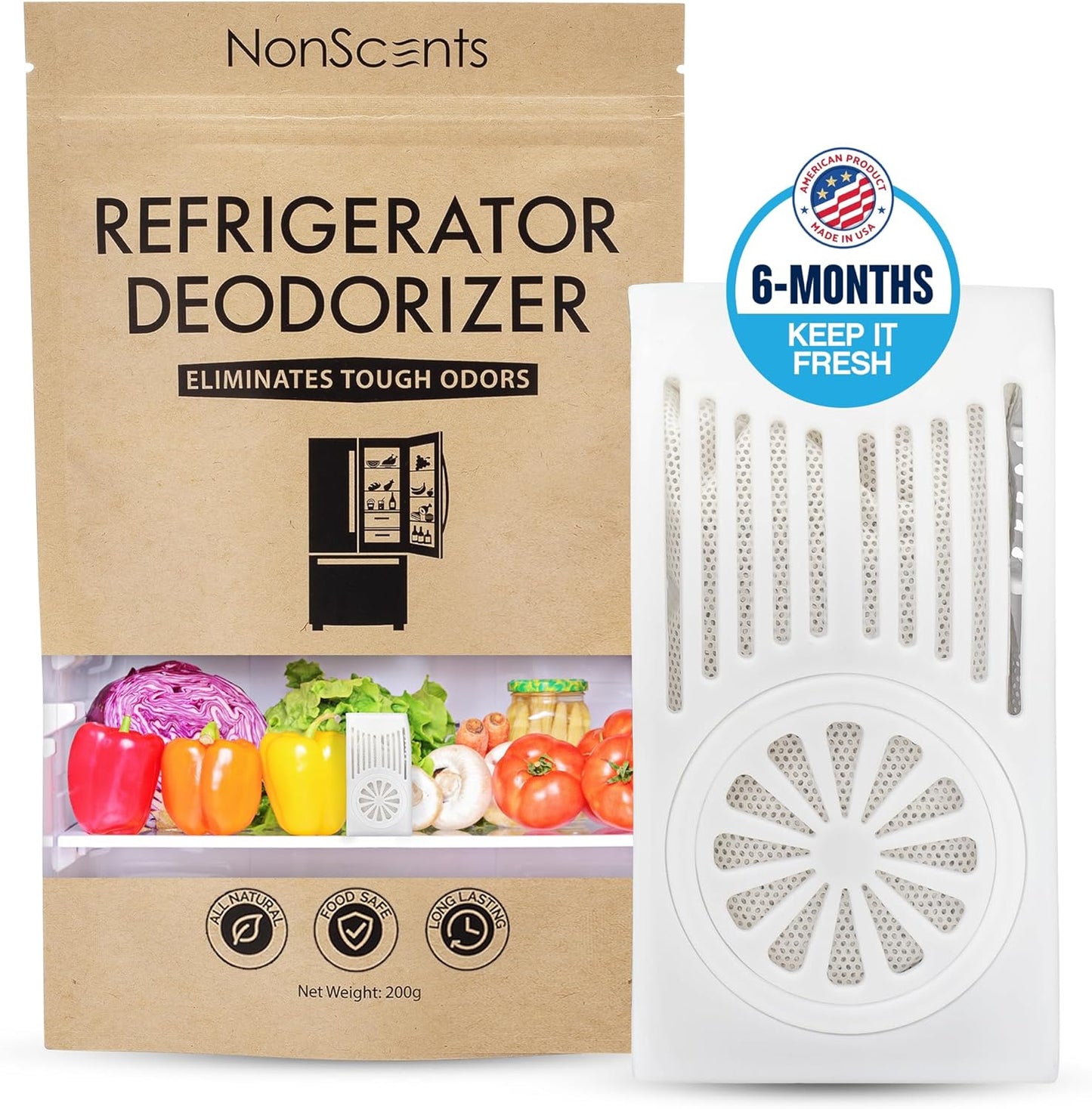NonScents Refrigerator Deodorizer – Odor Eliminator for Fridge & Freezer – Outshines Baking Soda & Deodorizer with Activated Charcoal – Unscented & Long-Lasting, Freshen Refrigerator