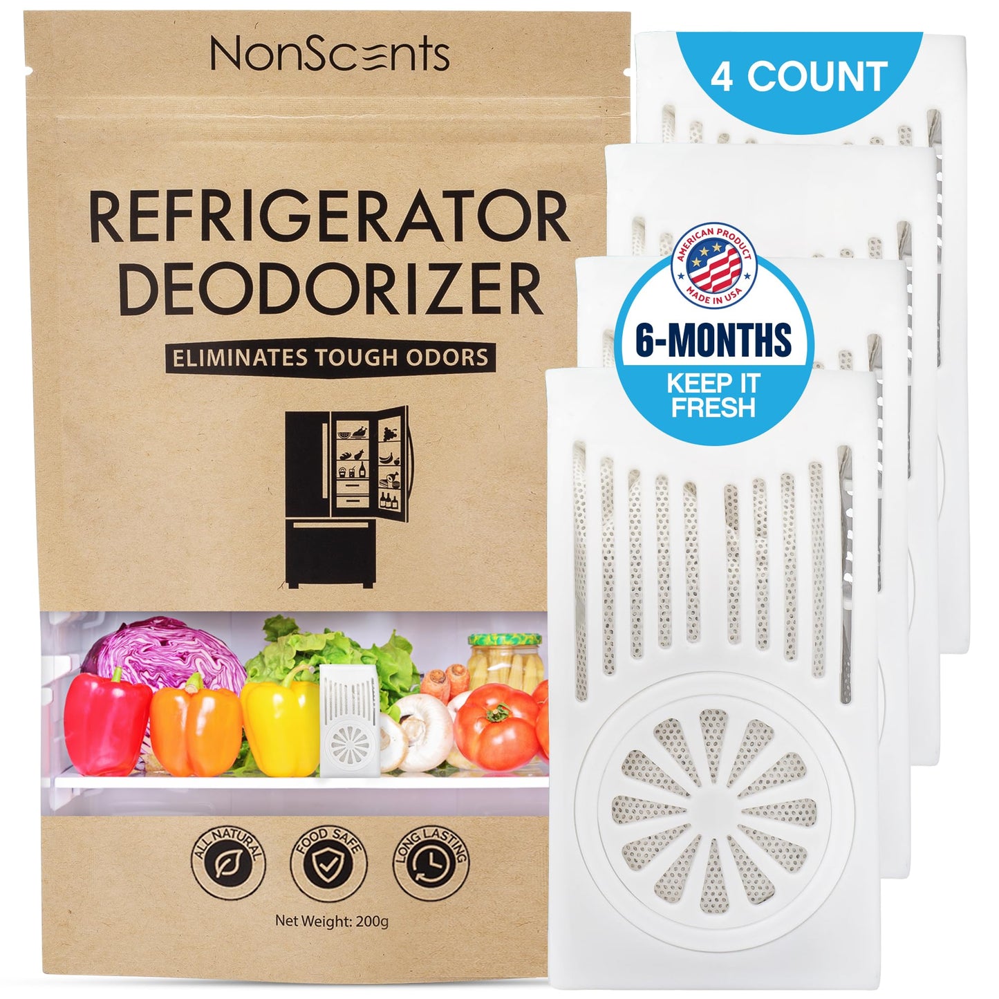 NonScents Refrigerator Deodorizer – Odor Eliminator for Fridge & Freezer – Outshines Baking Soda & Deodorizer with Activated Charcoal – Unscented & Long-Lasting, Freshen Refrigerator