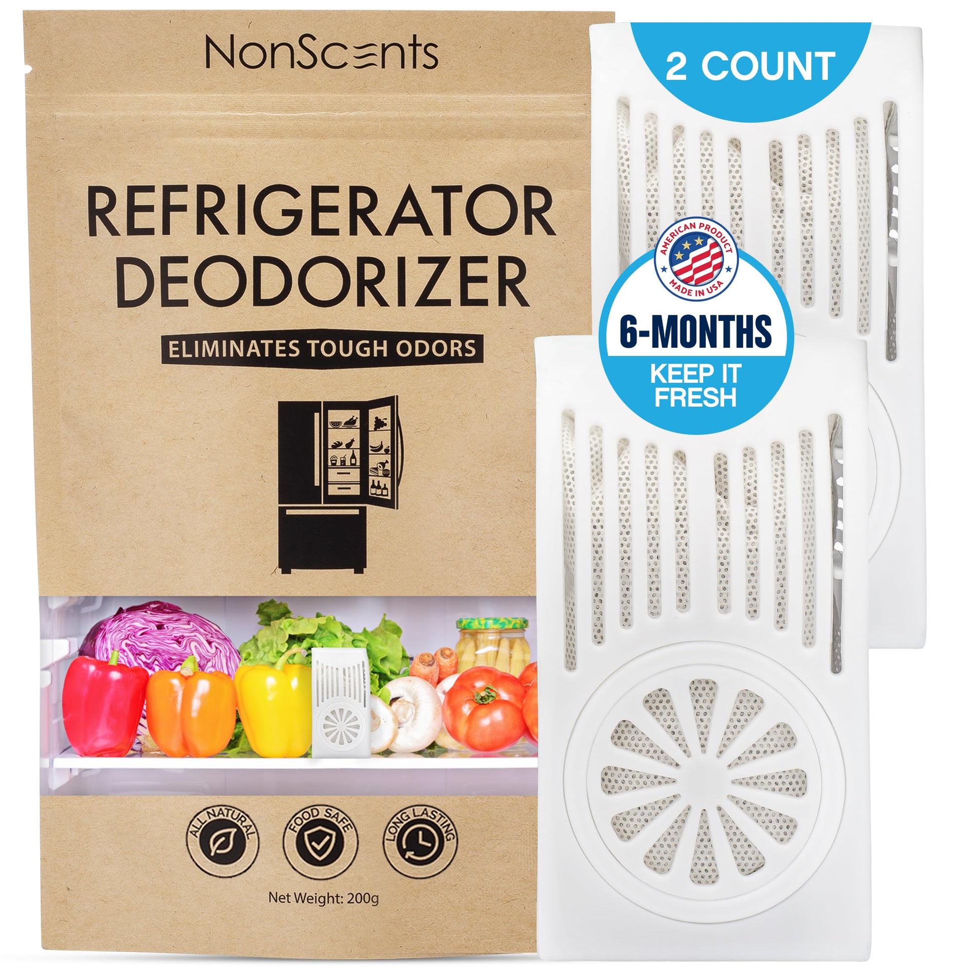 NonScents Refrigerator Deodorizer – Odor Eliminator for Fridge & Freezer – Outshines Baking Soda & Deodorizer with Activated Charcoal – Unscented & Long-Lasting, Freshen Refrigerator