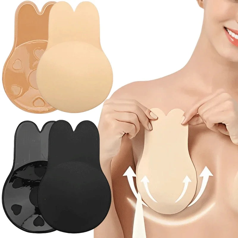 Sujetadores de realce para mujer, sujetador Invisible autoadhesivo de silicona sin tirantes, cinta adhesiva reutilizable para levantamiento de senos, cubierta para pezones de conejo, almohadillas para sujetador