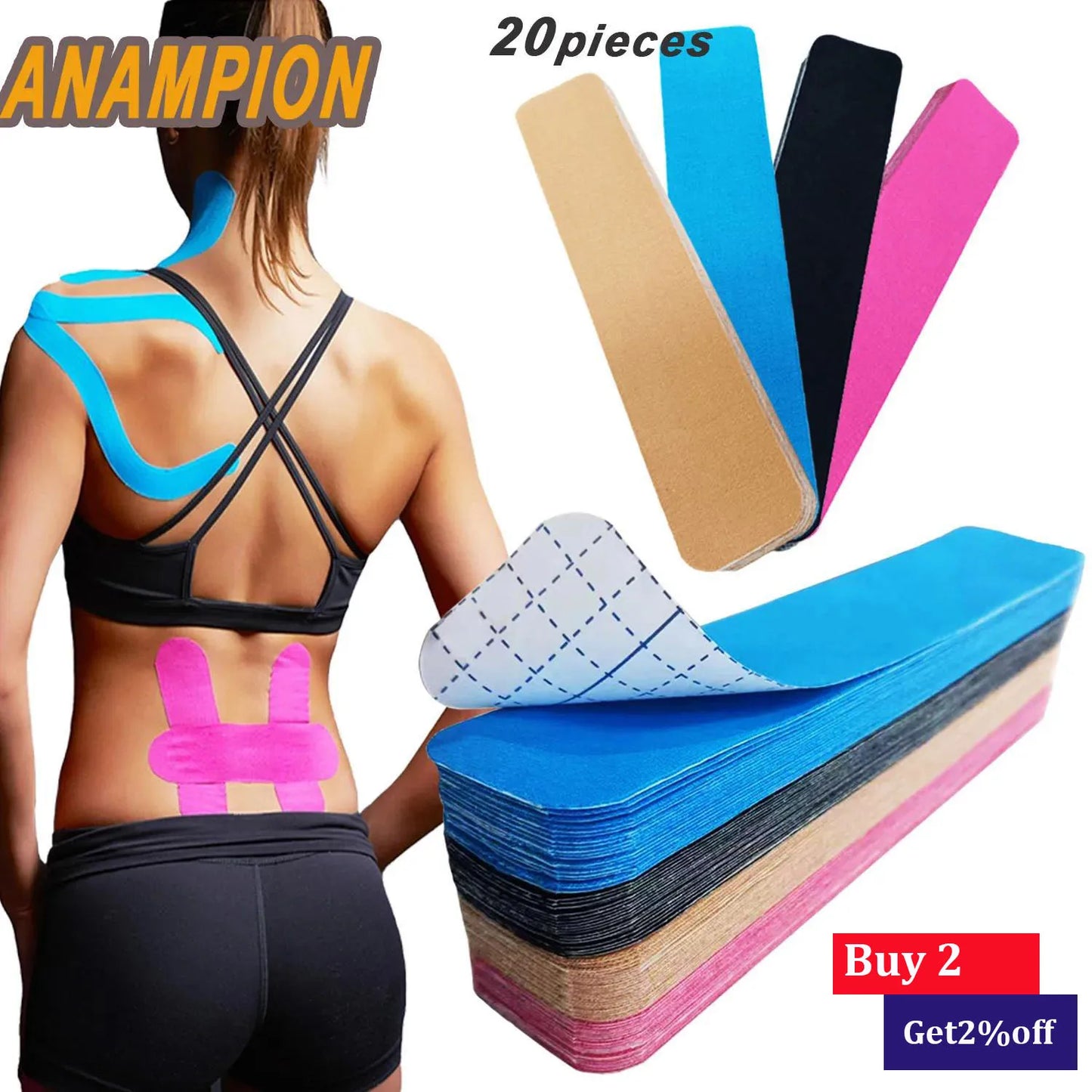 Cinta de kinesiología Pro Athletic Sports (20 tiras precortadas) Cinta adhesiva elástica impermeable Soporte para las articulaciones para aliviar el dolor muscular