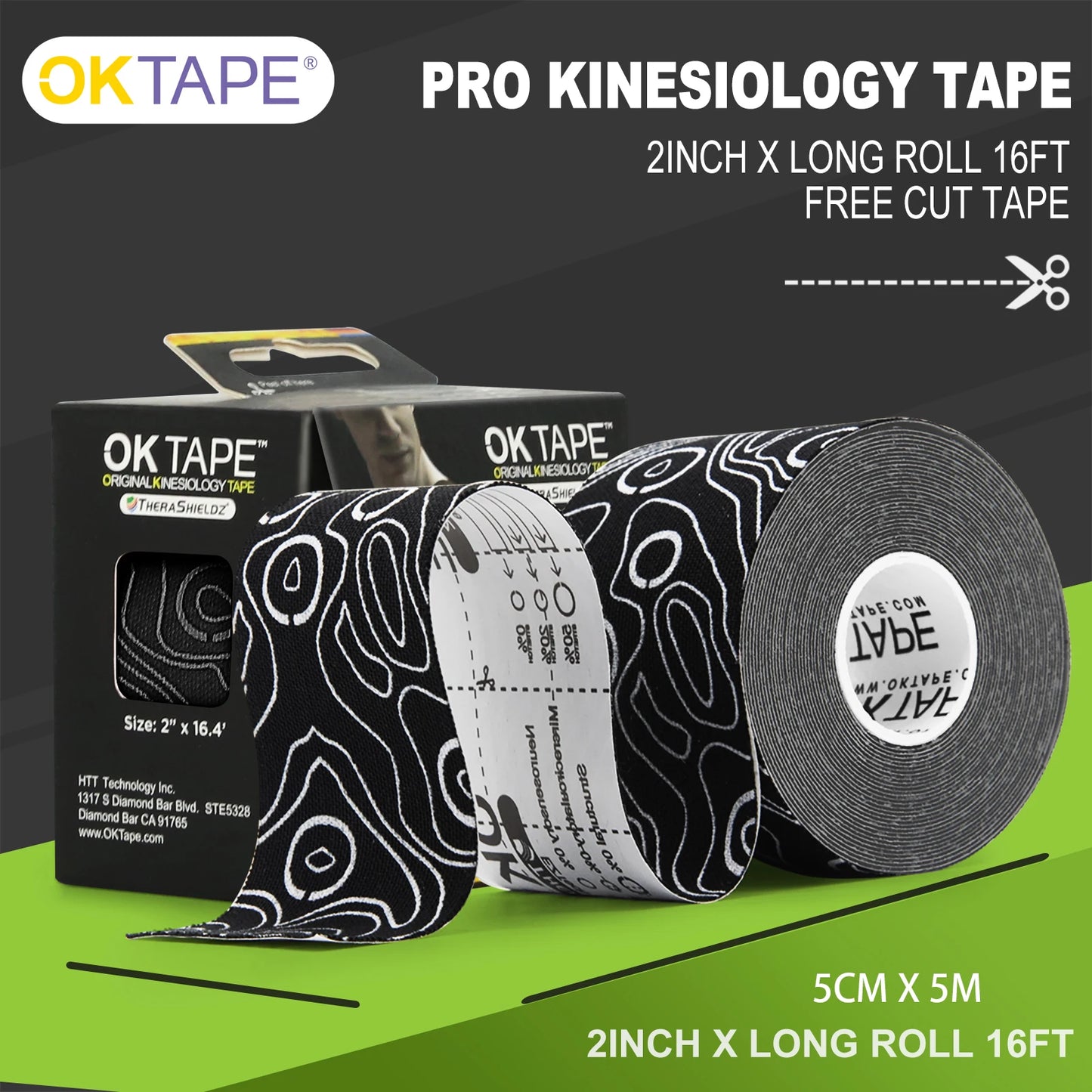 OK TAPE PRO Cinta de kinesiología, corte libre, transpirable, impermeable, vendaje atlético elástico, sin látex, fitness, gimnasio, alivio del dolor, 5CM x 5M