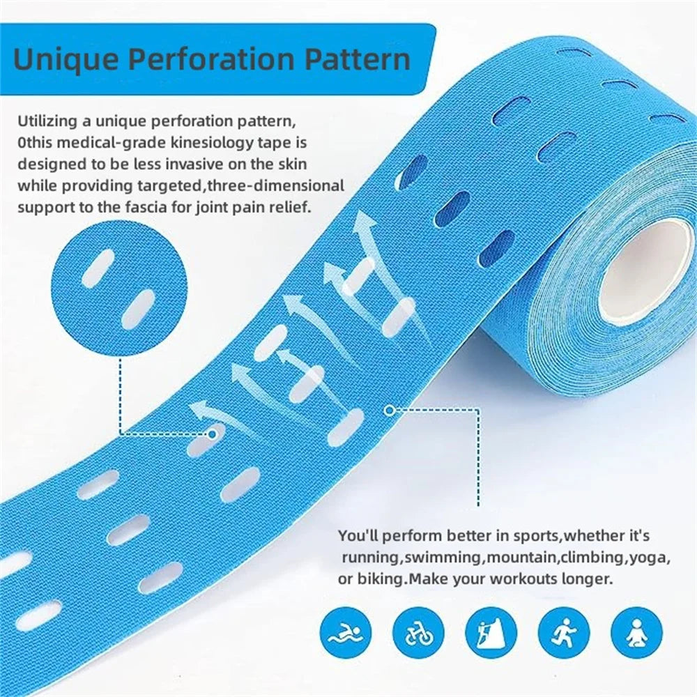 Cinta de kinesiología perforada de 5cm x 5m, cinta atlética elástica para soporte muscular, lesiones por tensión, alivio del dolor, sin látex, transpirable