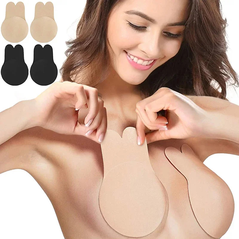 Sujetadores de realce para mujer, sujetador Invisible autoadhesivo de silicona sin tirantes, cinta adhesiva reutilizable para levantamiento de senos, cubierta para pezones de conejo, almohadillas para sujetador